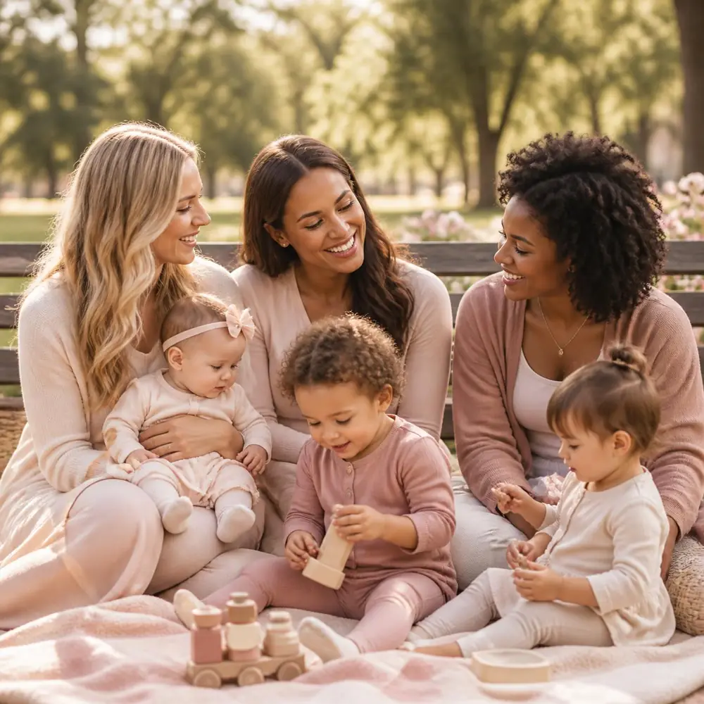 Three mothers laughing together in a park while their babies and toddlers play